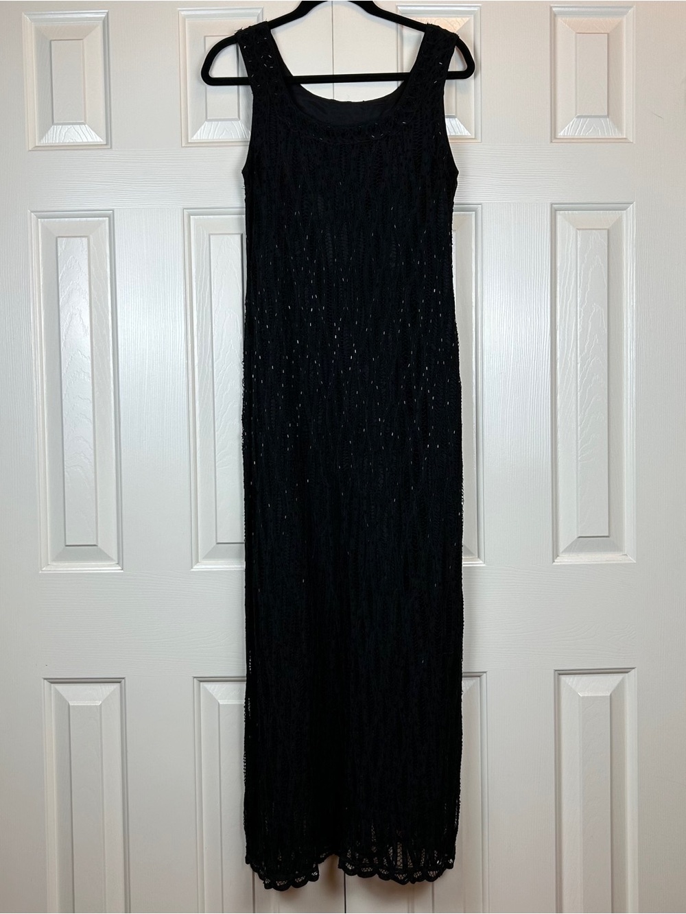 Vintage Carole Little Black Beaded Crochet Lace Maxi Dress
